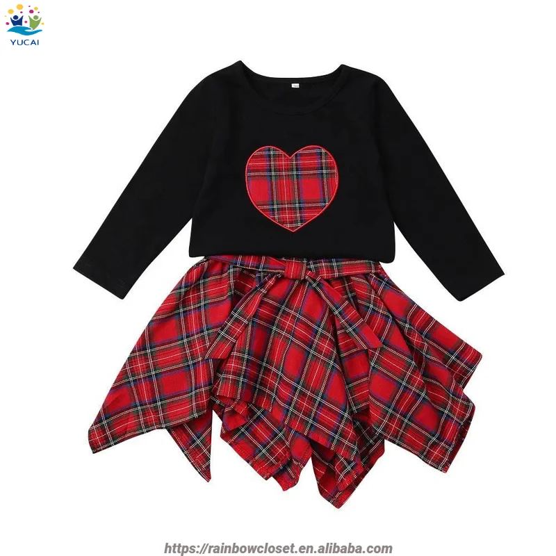 Spring Fashion Set for 12-Year-Old Girl Long Sleeve Tee Shirt and Red Plaid Skirt 2-Piece Kids Clothes Set