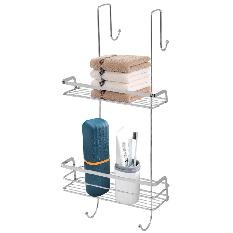 rustproof 2 Tier wall bathroom hanging storage shower shelves over head shower caddy with hooks over the door