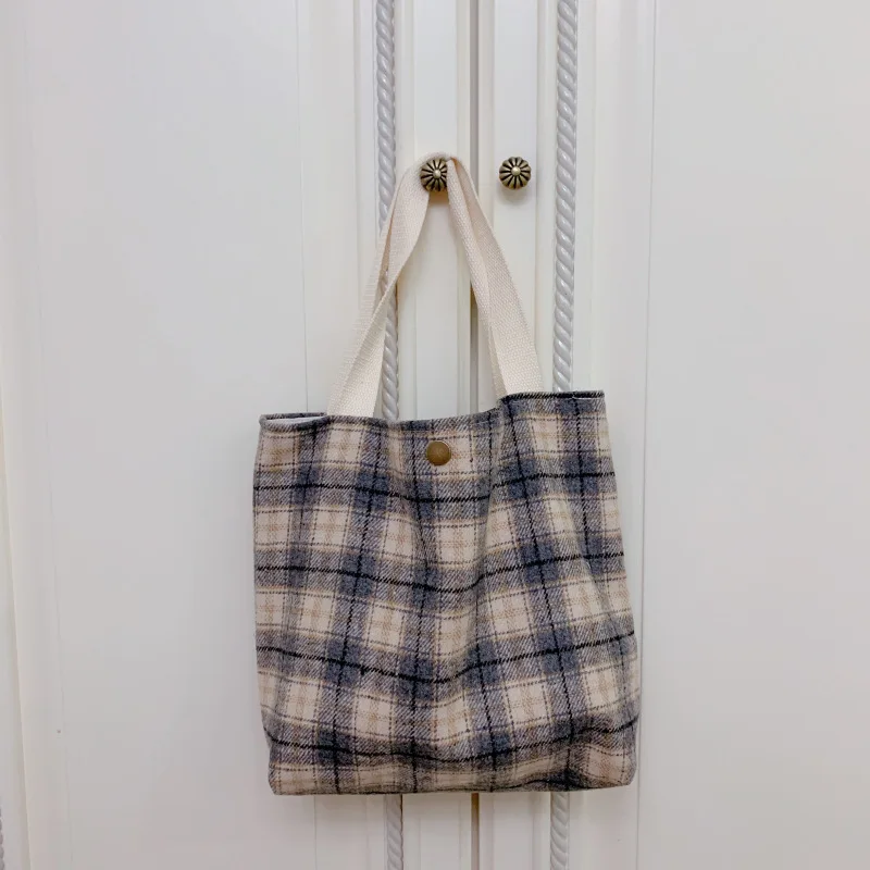 2021 new style literary cloth plaid bag simple plaid cloth bag canvas Tote bag