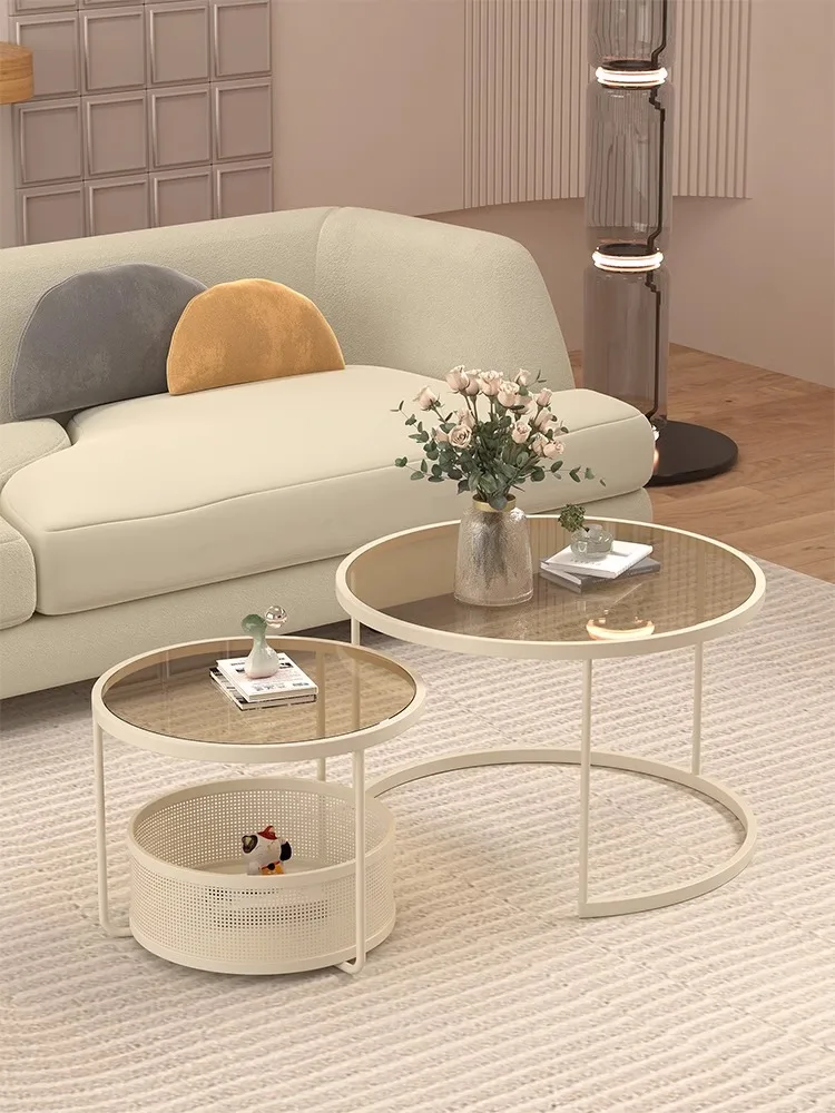 Hot Sale Nordic Wind Light Luxury Glass Coffee Table Small Round Table Cream Style White Round Tea Table