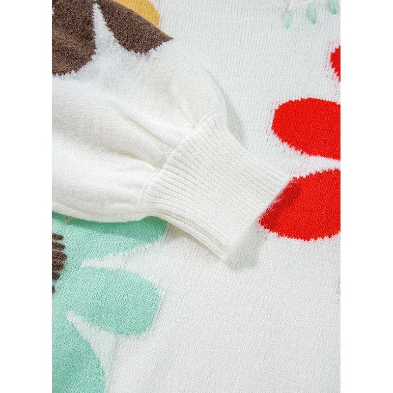 Dear-Lover Oem Odm Private Label Sweater Ladies Big Flower Pattern V Neck Drop Shoulder Sweater