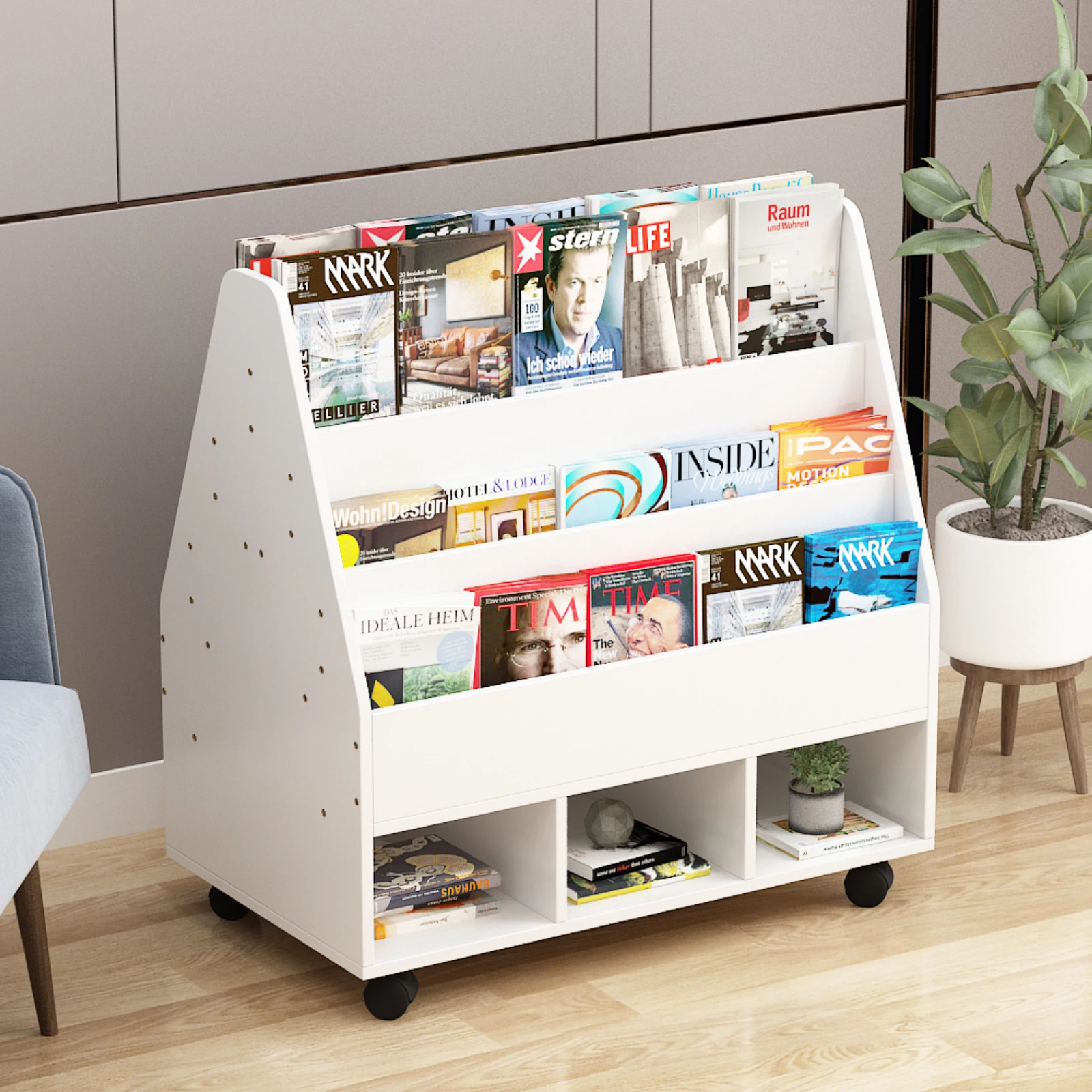 YQ FOREVER White Bookcase Magazine Display Rack Newspaper Holder Kids Toy Cabinet Wooden Storage Bookshelf