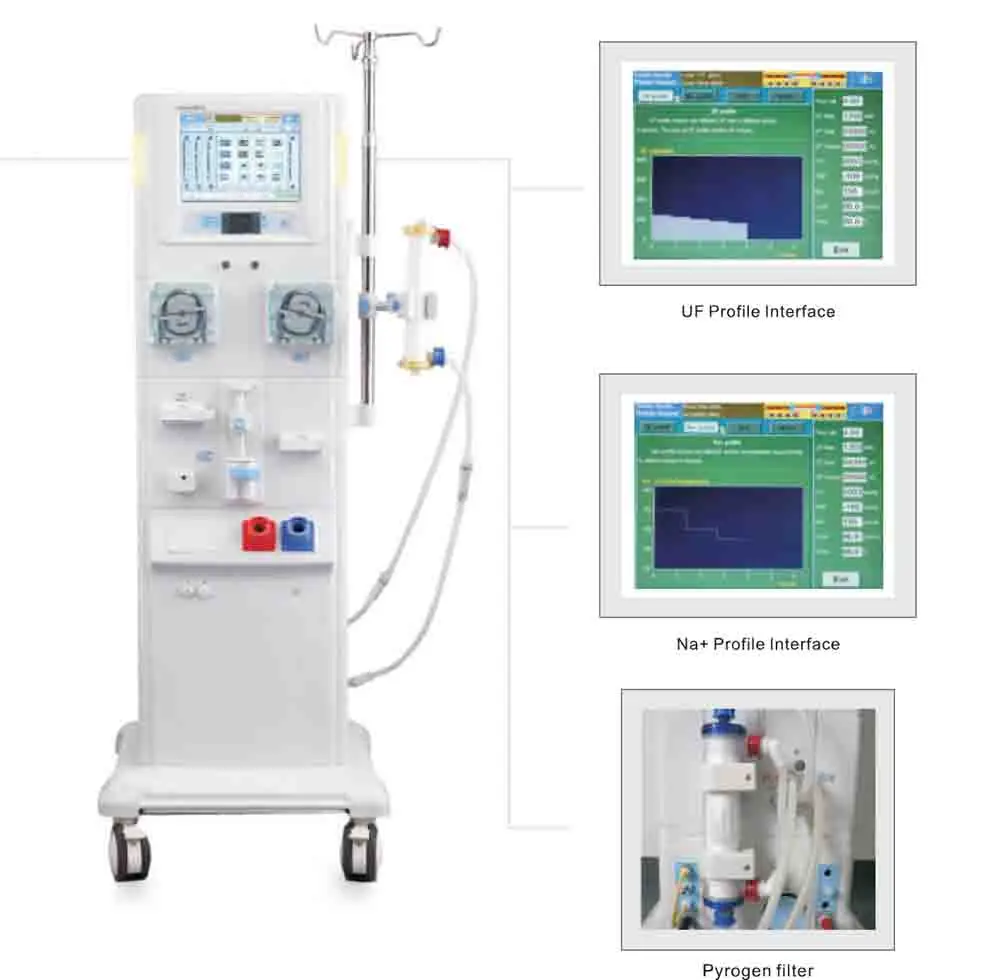 Automatic double bump waterway hemodialysis  machine adjustable dialysate flow linearly with LCD touch screen
