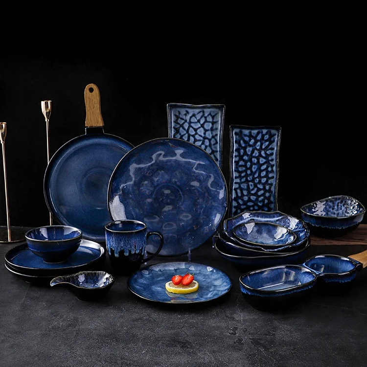 Nordic Blue Rustic Ceramic Dinner Sets, European Restaurant Crocery Dinnerware, Marble Porcelain Plates Bowls Coffee Cups Mugs