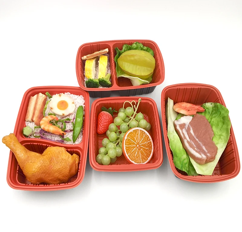 Disposable red inside black outside pp takeaway airline bento box food container plastic with lid