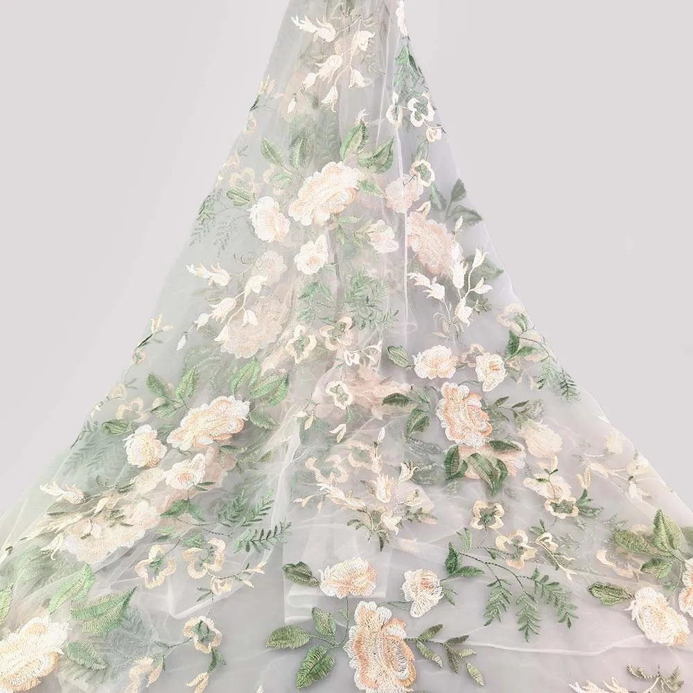 Hot selling 3d floral embroidered lace fabric 100%  polyester lace fabric for dress