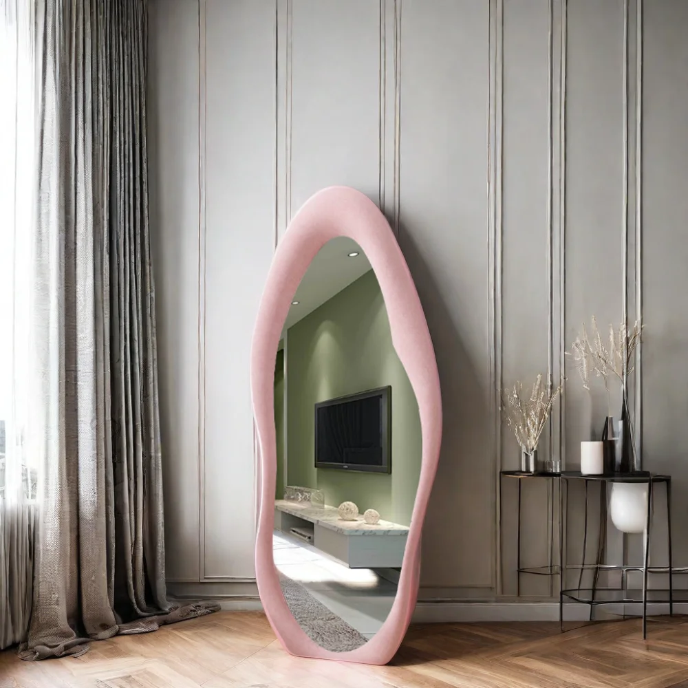 Custom home decor wall decor New design modern irregular wavy flannel mirror full length long dressing stand floor mirror miroir