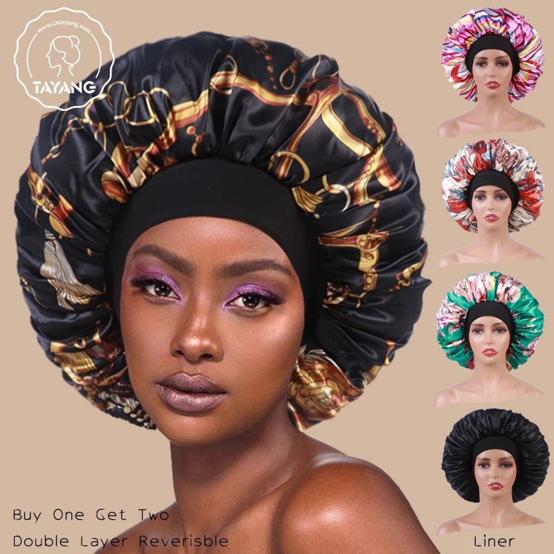 Double Layer Hair Bonnet Silk Costom Cover Sleeping Hat Satin Double Layer Braid Large Bonnet With Elastic Edge Lepord Flora