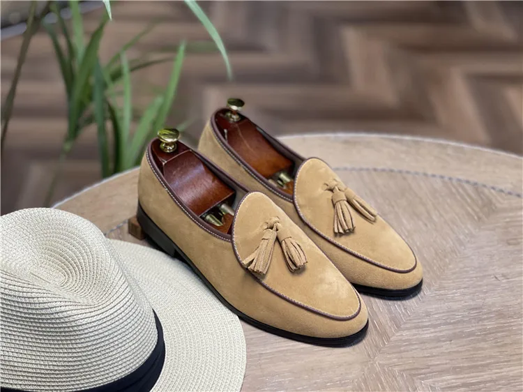 Italian retro custom logo light breathable slip-on penny cow suede genuine leather loafer casual walking style shoes for men