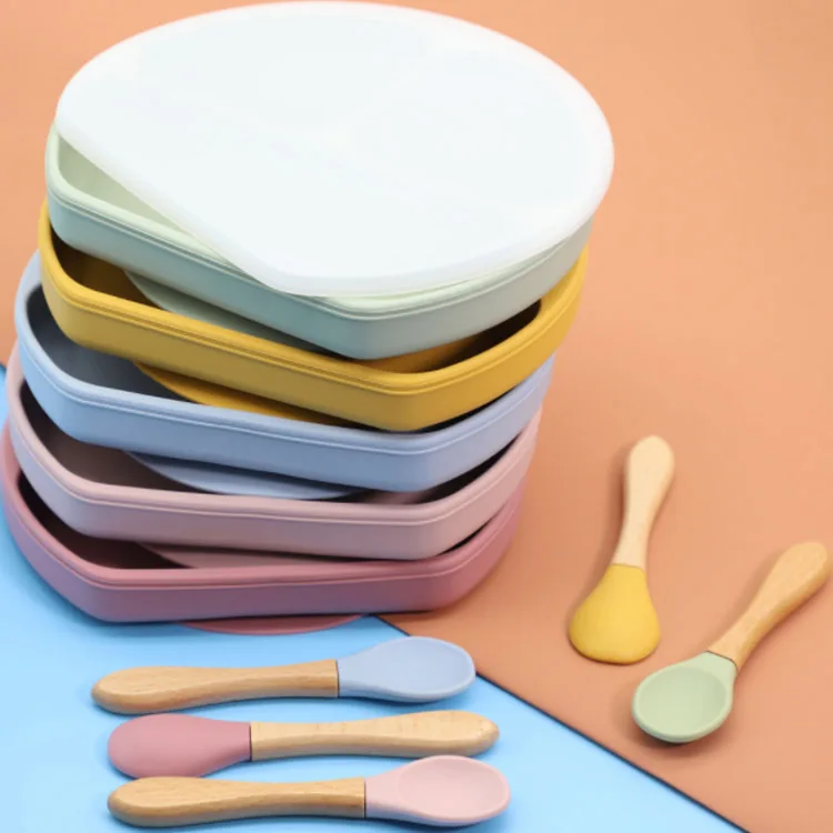 Оптовая продажа, противоскользящая Высококачественная термостойкая посуда для кормления, силиконовая детская тарелка с крышкой