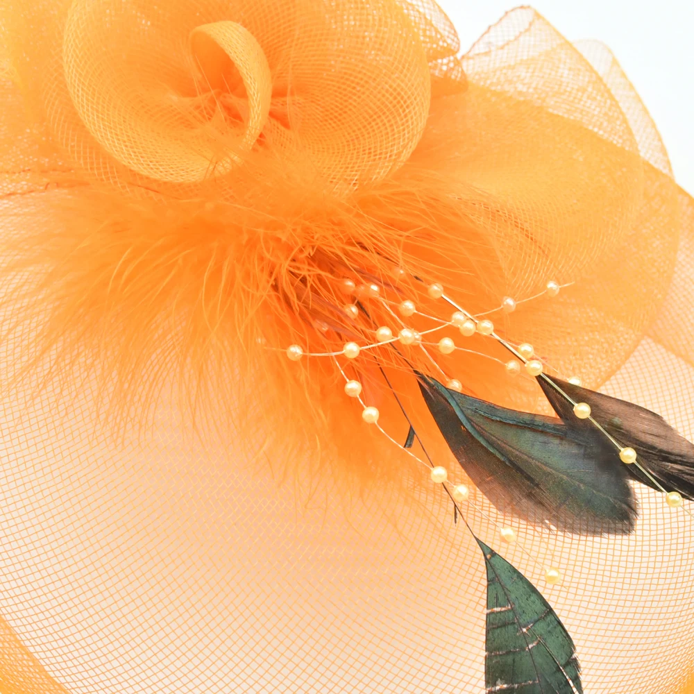 Headwear Veil Cover Hat Flower Feather Fascinator For Women Hair Clips Brooch Wedding Party Church Orange Color