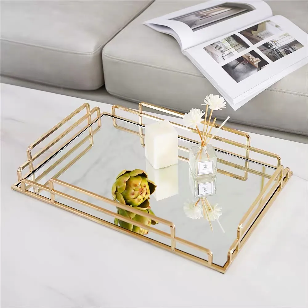 Wholesale Vanity Gold Metal Glass Mirror gift tray iron jewelry display trays for wedding