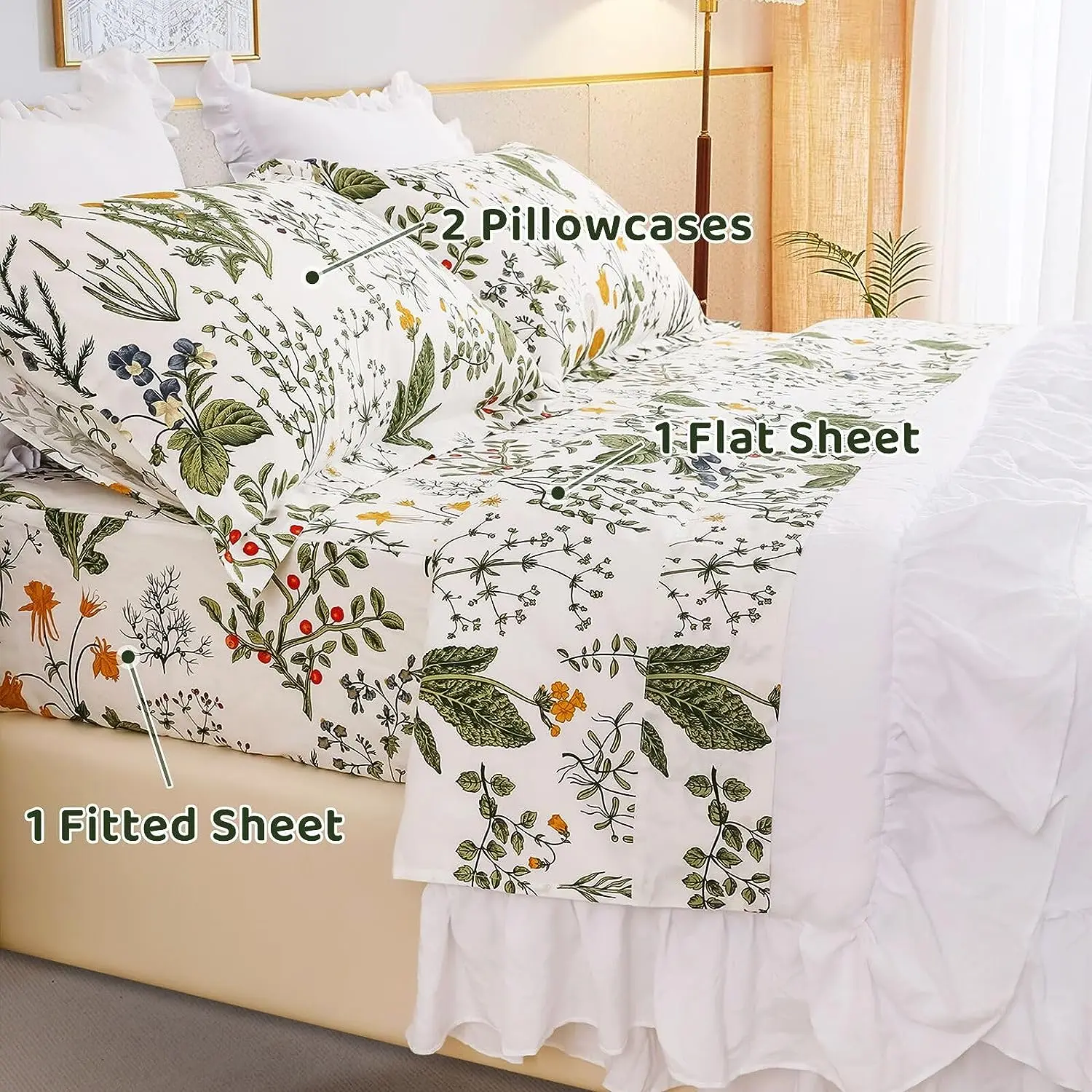 100% Cotton yellow Flowers & Sage Leave Plant Pattern Botanical Luxury Cotton Printed Flower King 4pcs Bedding Sheets