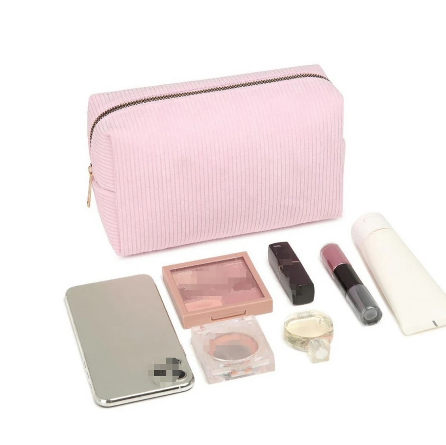 Ins Custom Logo Large Capacity Pink Makeup Bag Multifunctional Portable Corduroy Cosmetic Bags Travel Stripe Toiletries Bag
