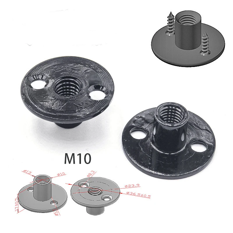 Climbing iron carbon steel M10 round base 2 brad hole tee t nut with dimple