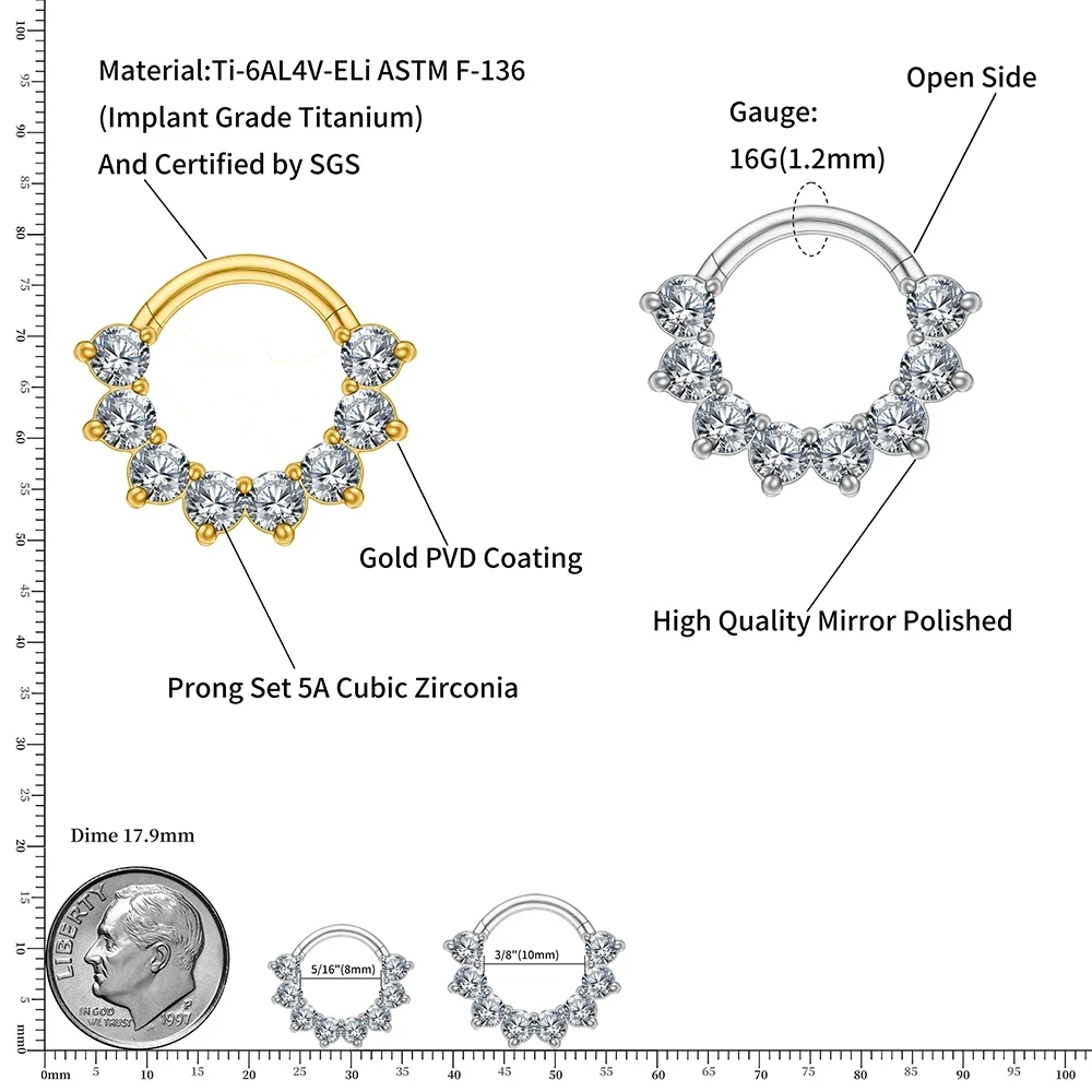 Gaby astm f136 d shaped piercing de titanio 14k gold clicker opal golden nose ring horse shoe septum  titanium piercing jewelry