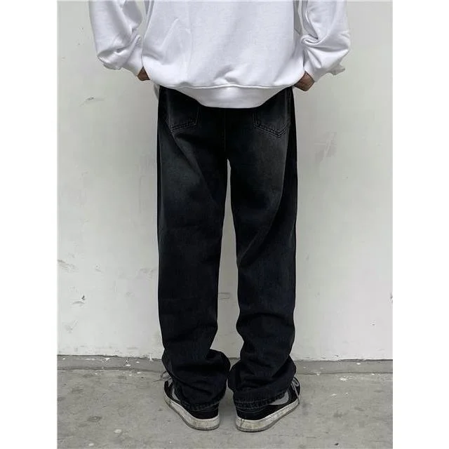 Custom Men Fashion Baggy Jeans Loose Fit Black Denim Pants Hip Hop Rhinestone Jeans Pant