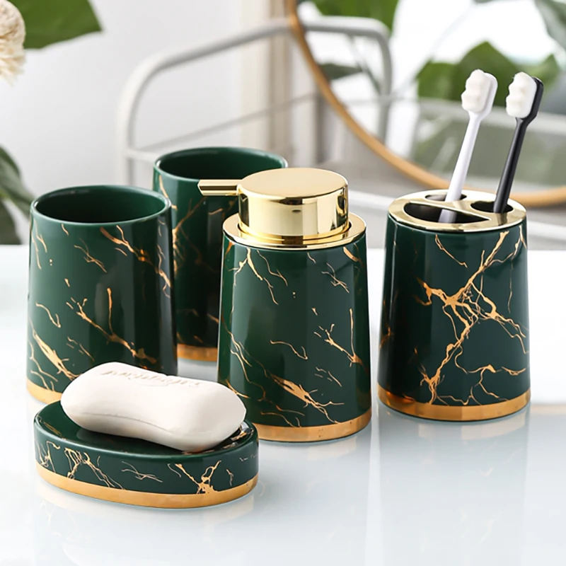Light Luxury Ceramic Marble Bathroom Accessories Wash Set Dispenser Mouthwash Cup Toothbrush Holder Soap Dish Singleton