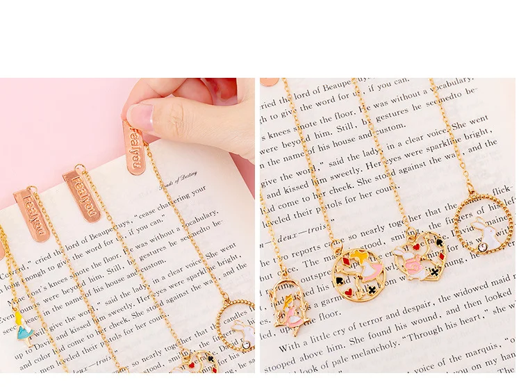 gold metal Bookmark with long chain Tassel Pendant, cute korean stationery fashionable flower Cherry blossoms charm bookmark