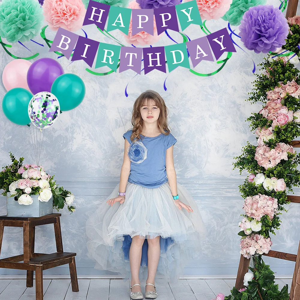Amazon Hot Sale Foil Tassel Mermaid Theme Banner Purple Paper Flower Princess Birthday Party Decoration For Kids