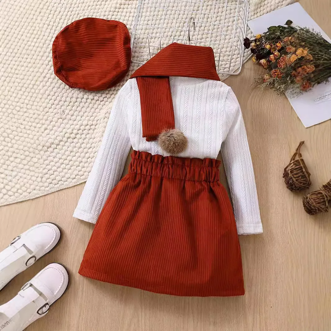 Wholesale 4-7 Years Winter Long Sleeve Girls Clothing Set Kids Teenage Children Sweater+Skirt+Scarf+Hat 4 Pcs Set
