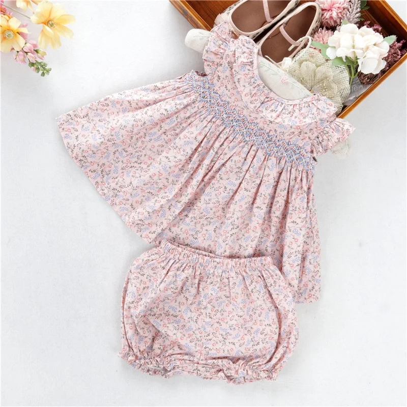 2020 summer new arrival children clothes girls dresses smocked pink flower hand made embroidery cotton wholesale infant bloomers