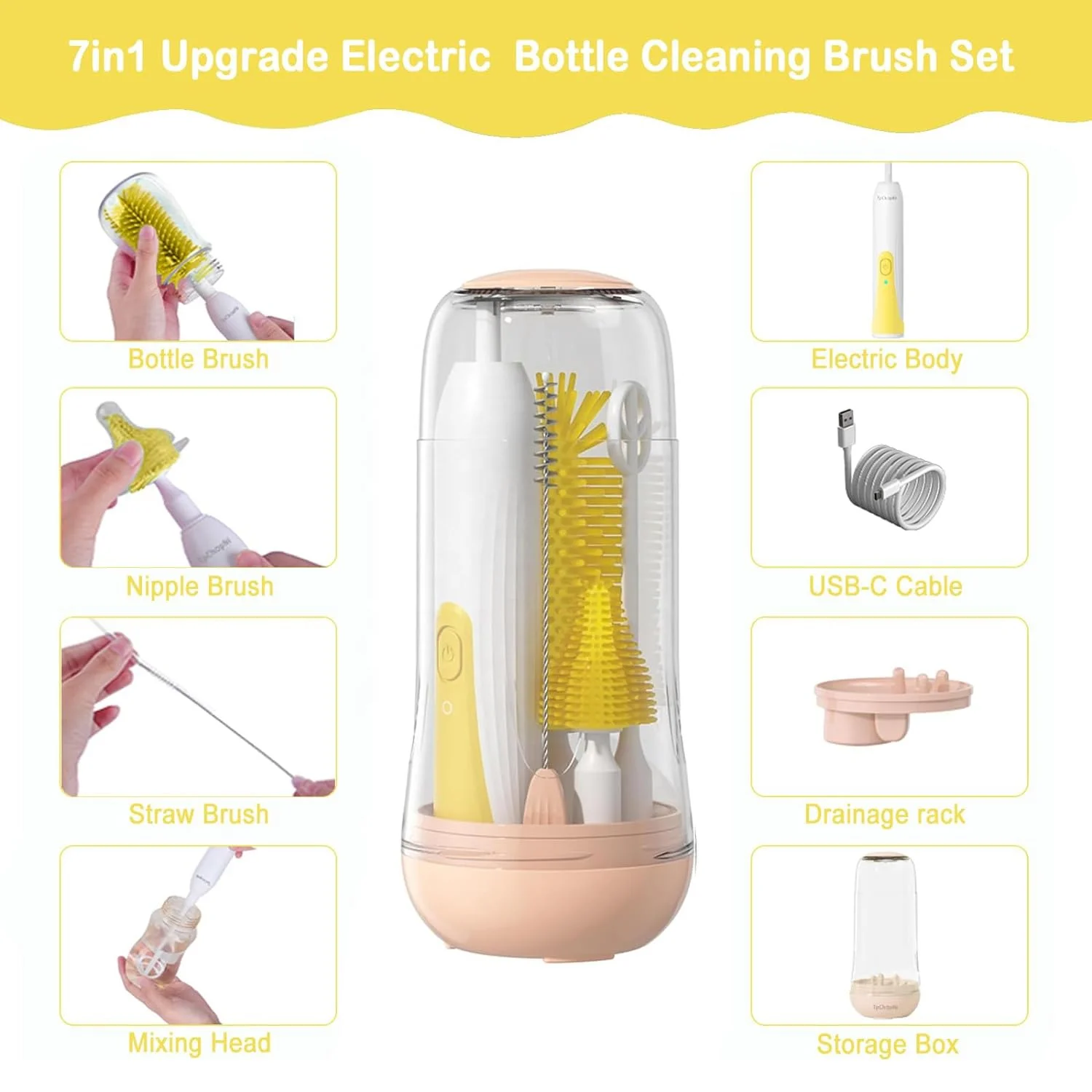 Travel Bottle Cleaner Kit With Electric Baby Bottle Brush Set And Drying Base Portable Silicone Baby Bottle Brush