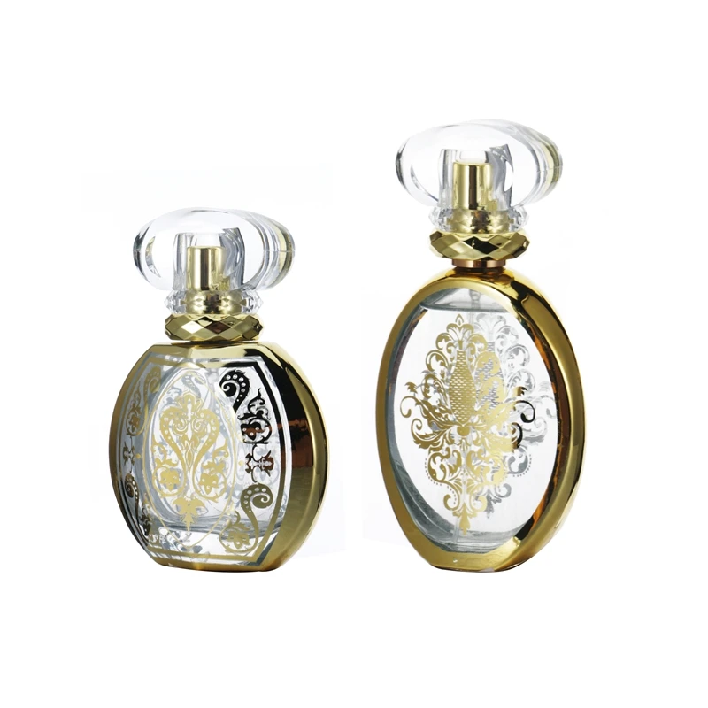 Factory Supply 50ml Arabic Pattern Flat Oval Classic Perfume Glass Packaging Fine Mist Perfume Spray Bottle with Luxury Lid