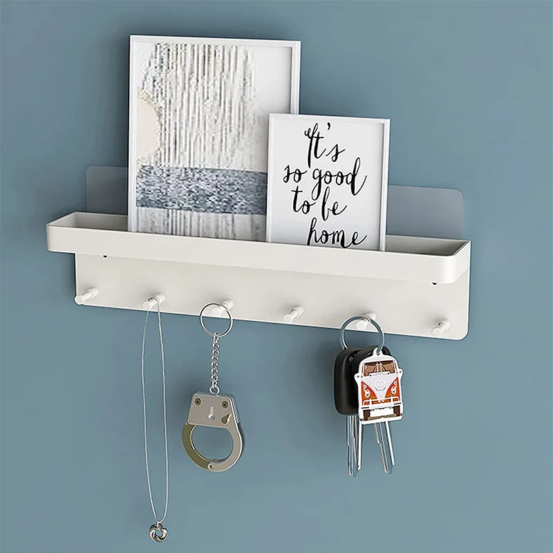 Key Holder For Wall 6 Hooks Key Holder Mail Organizer Wall Mount Key Hooks With Tray Metal White Key Rack For Kitchen Bathroom