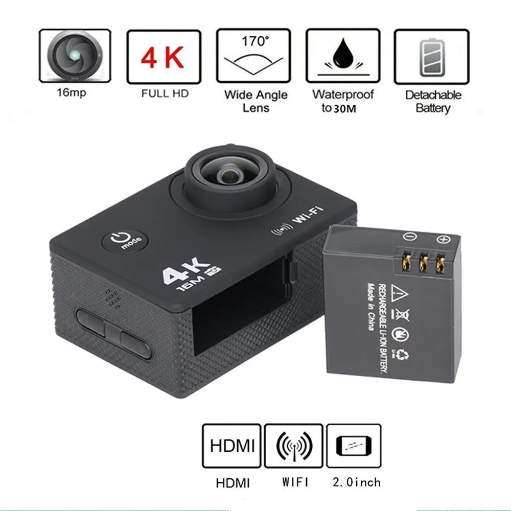 Action Camera  HD 4K 30fps 1080P 60fps WiFi 2 Inch 170D Underwater Waterproof Helmet Video Recording Sport Cam