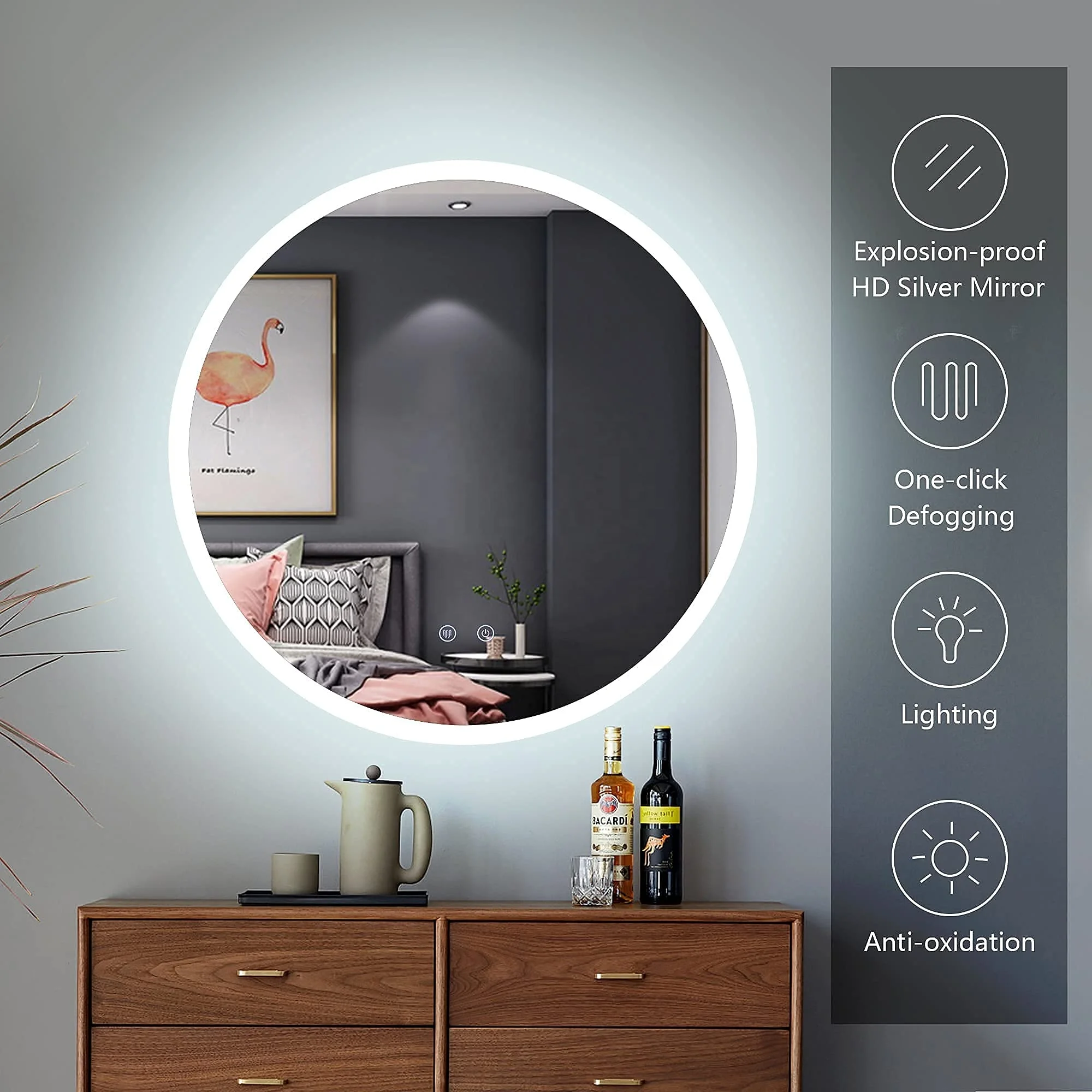 Stepless Dimming Frosted Edge Wall Hanging Toilet Dresser Makeup Round Mirrors Bath Wall Mirror With Led Light