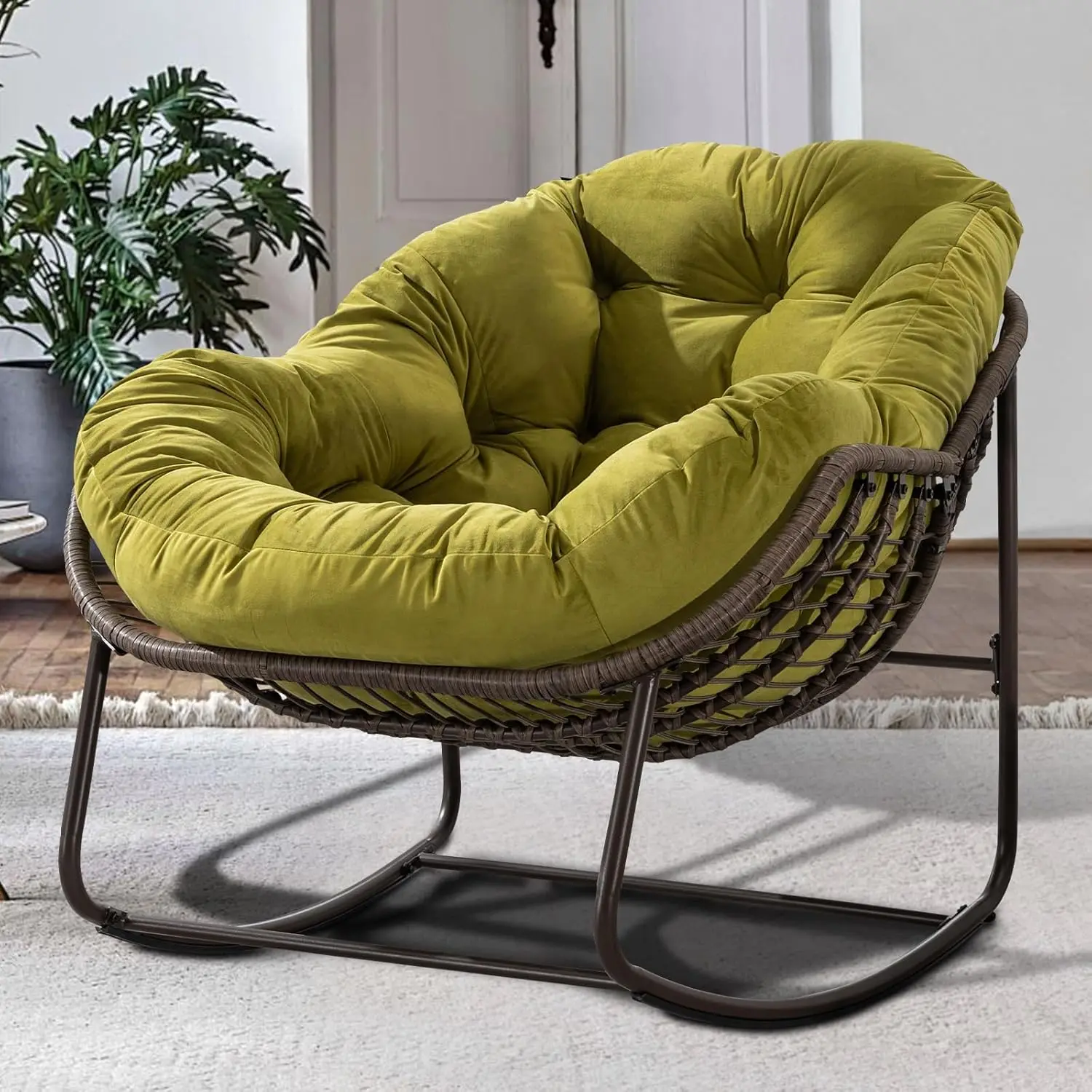 Wicker Texture Rocker with Thick Cushion Comfy Modern Rocker Chair for Living Room Porch Backyard
