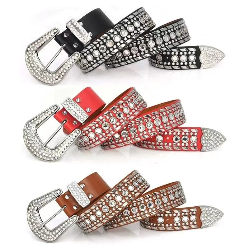 Custom western cowboy  rockstar PU leather crocodile pattern belts designer big buckles bling belt rhinestone men