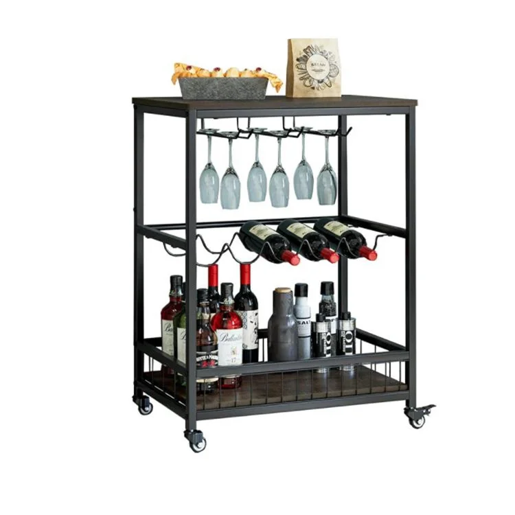 Industrial Metal Frame Kitchen Cart Mobile Bar Serving Cart With Wheels Beverage Cart with Wine Rack Glass Holder