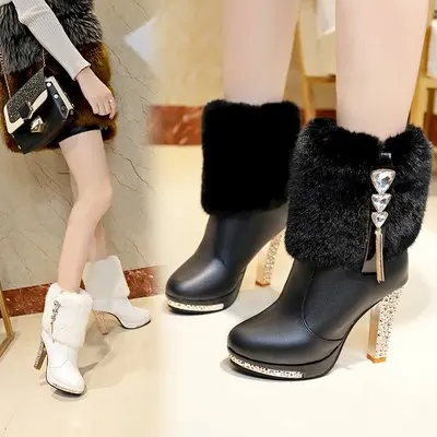 Autumn winter women fashion boots with platform round head diamond thick high heel wool short boots