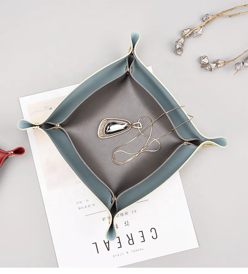Double side jewelry pu leather storage tray mini serving tray for key coin dice wallet foldable home desk storage organizer