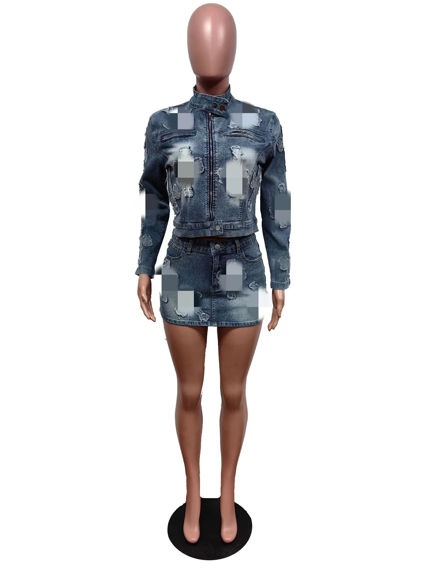 Wholesale Blue Zipper Jacket Mini Skirt Cotton Denim Set Embroidery Women Streetwear 2024 Jean Skirts Set