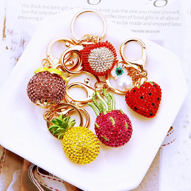 Bling Crystal Rhinestone Keychain 3D Cubic Dragon Fruit litchi Shanzhu Cherry Key chains Diamond Car Keyring Strawberry Keychain
