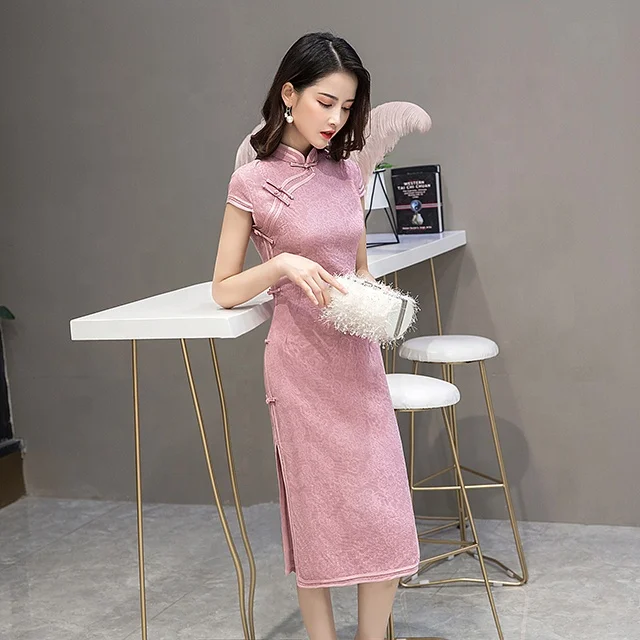 Платье-Ципао в китайском стиле, Элегантный Приталенный Сарафан до колен, с коротким рукавом, хлопковое вечернее, для женщин