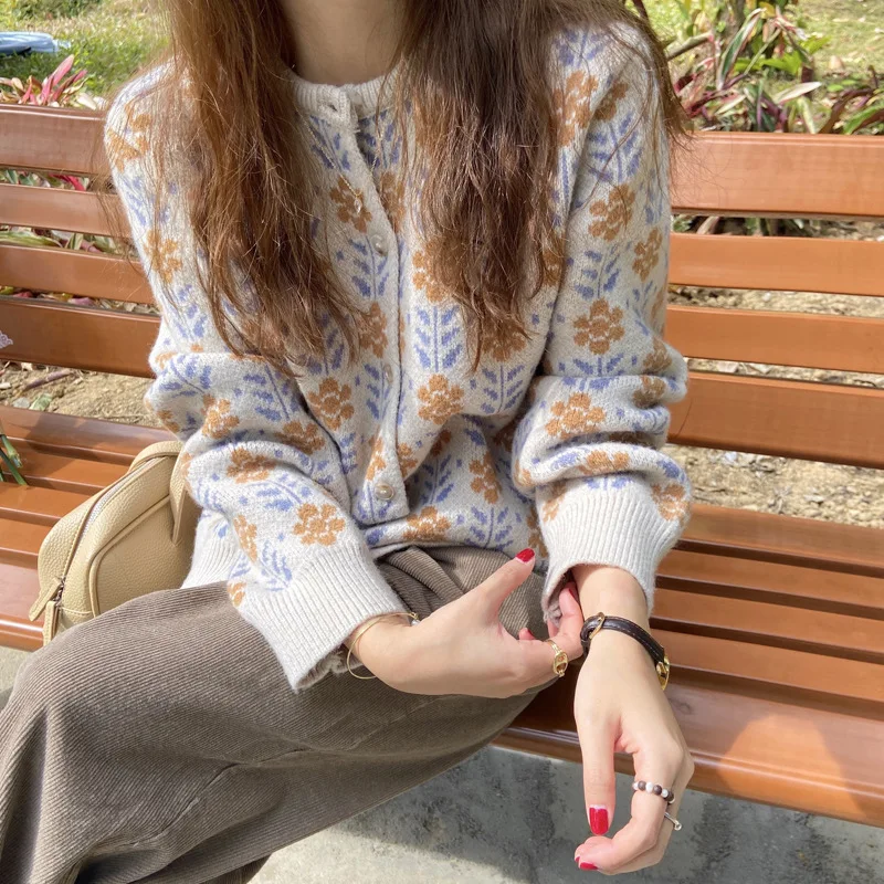 Woven Korean Version Rabbit fur Stylish Wool Long Sleeve Print Casual Women Sweaters Knit Cardigan