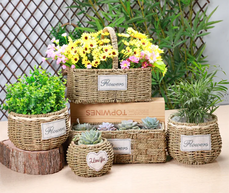 Handmade Woven Room Decorative Flower Plants Woven Hanging Baskets Decor Wall Basket Seagrass