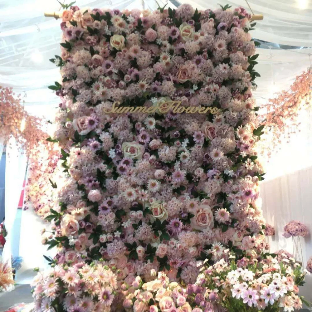 Custom romantic wedding decoration 3D silk artificial pink cloth back flower wall backdrop