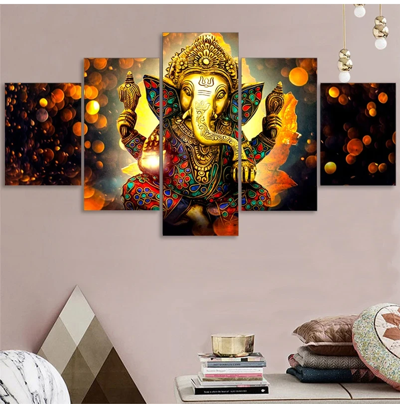 Modern 5-Piece HD Printed Canvas Art Sofa Backdrop Frameless Hindu God Wall Decoration Painting