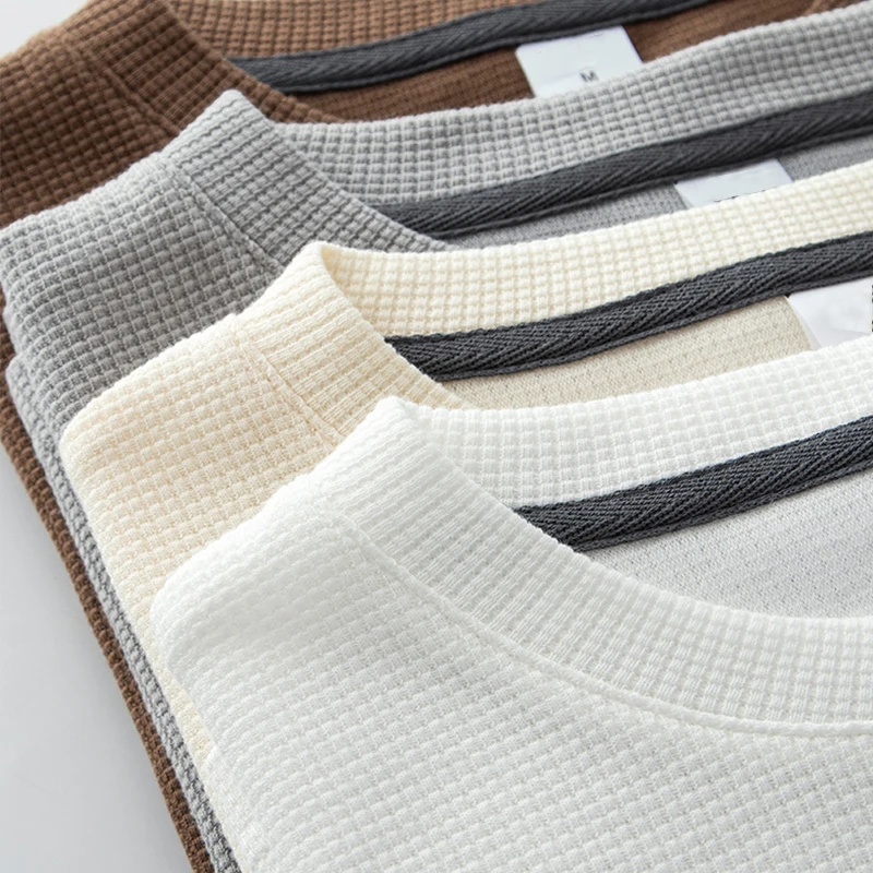 Shinesia OEM Unisex Waffle Sweat Shirts Custom Men High Quality Cotton Oversize Box Fit Waffle Long Sleeve Kint T shirt For Men