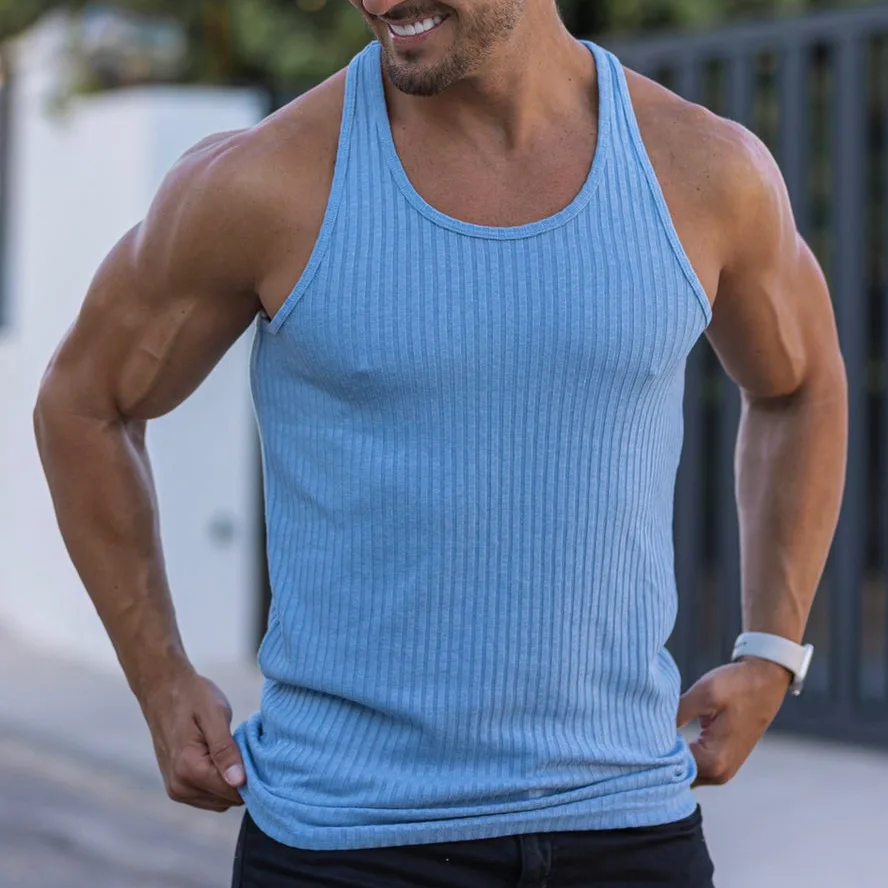 Summer Streetwear Custom Printed High Quality Sustainable Quare Collar Muscle Fit Ribbed Tank Top For Men