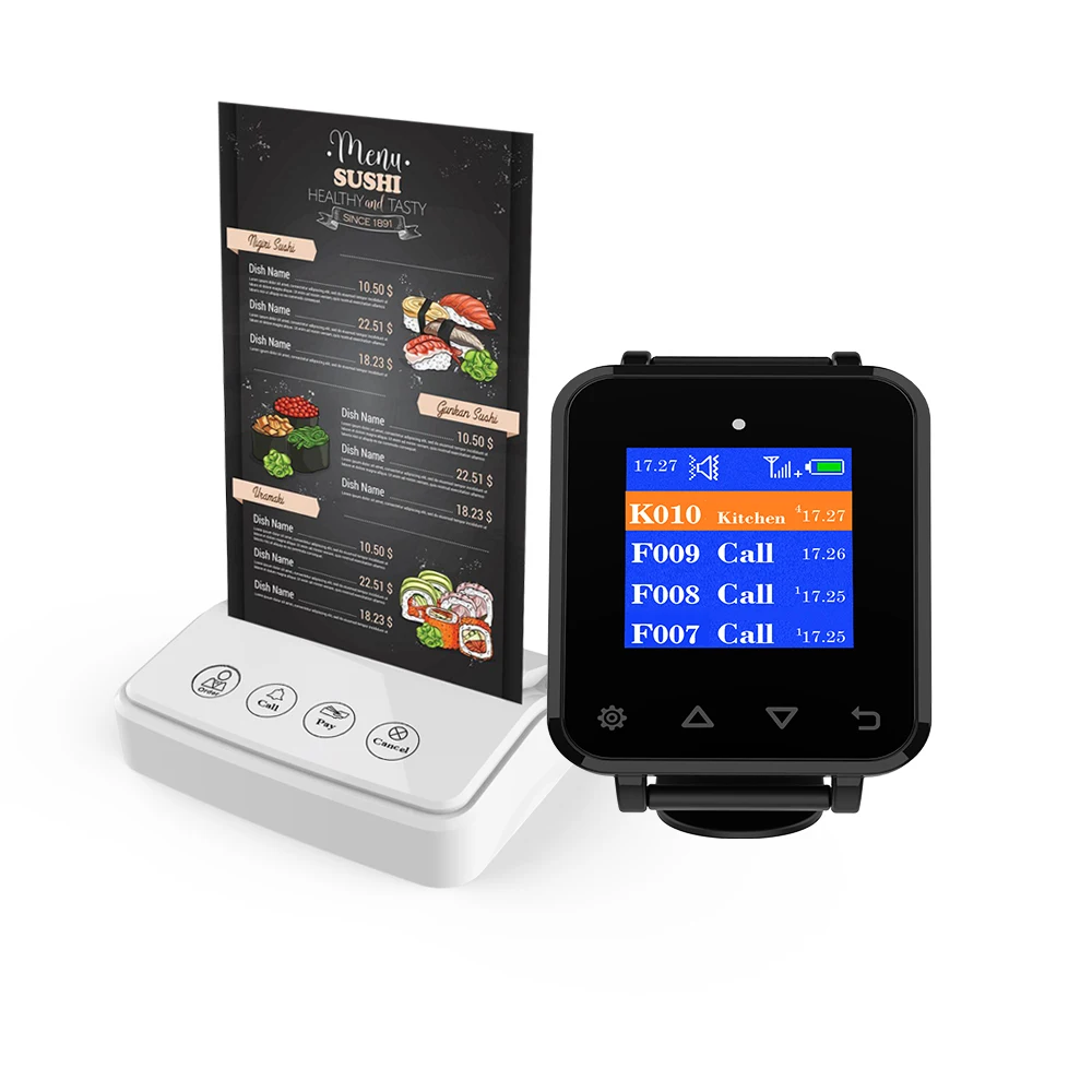 Artom Wireless menu stand call system with waterproof watch receiver set in different language
