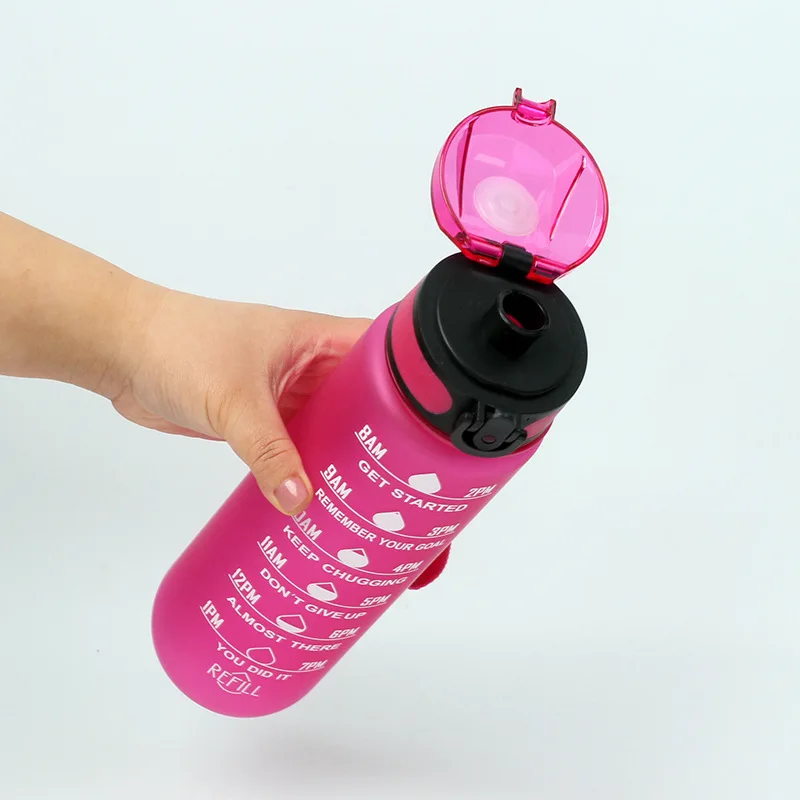 Plastic 32oz Sport Gym Motivational Bpa Free Drink Water Bottle With Time Marker Straw Strainer Flip Top Cover
