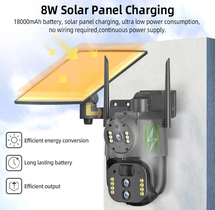 Wholesale 8W 3MP network camera Solar panel 4G security Camera 3 lens multi screen camera