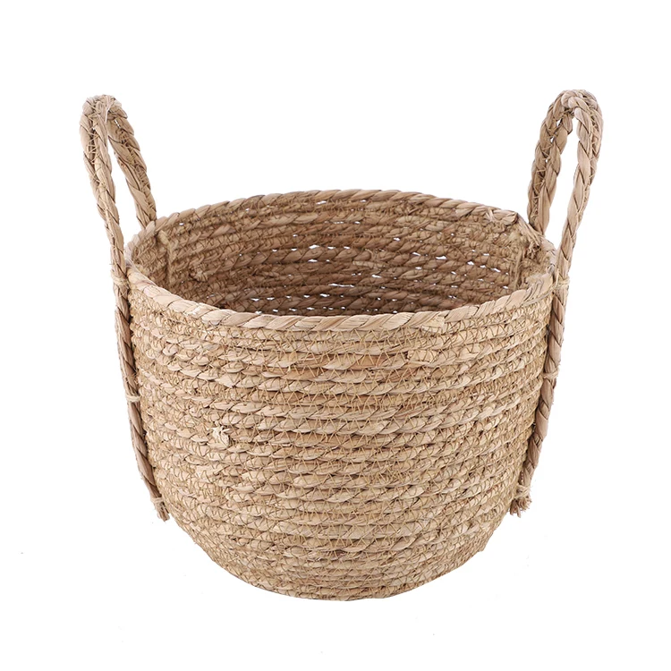 Hand woven basket for living room,bathroom,bedroom natural water hyacinth storage basket with handles