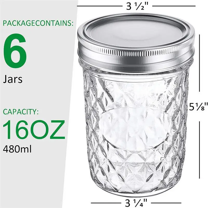 Mason Jar 16 oz 6-Pack Airtight Container for Pickling Canning Quilted Wide Mouth Glass Jars with Lid & Seal Bands